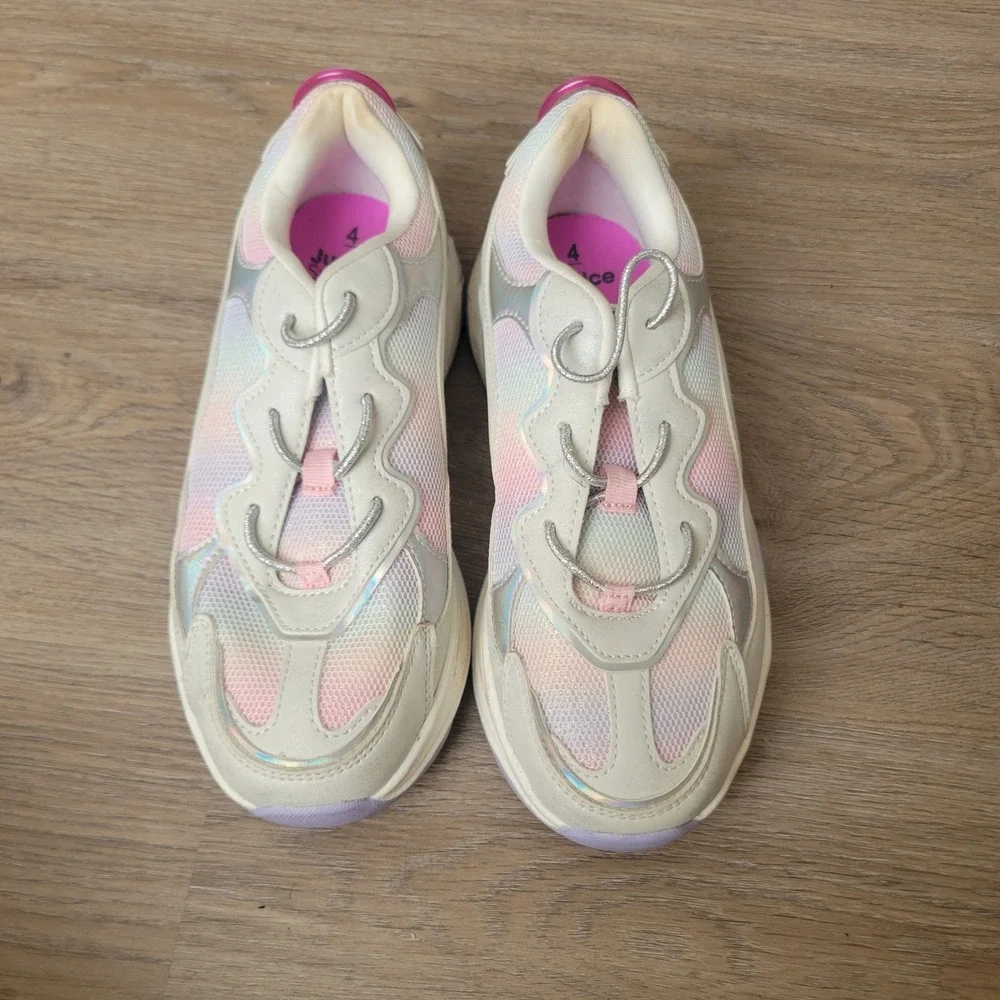 Justice Sport Sneakers Girls Size 4 White Pastel Ombre Holographic Chunky Shoe
